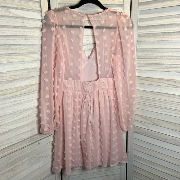 Honey and Rosie Light Pink Swiss Dot Sheer V Neck Long Sleeve Mini Sundress 3 - Picture 5 of 14